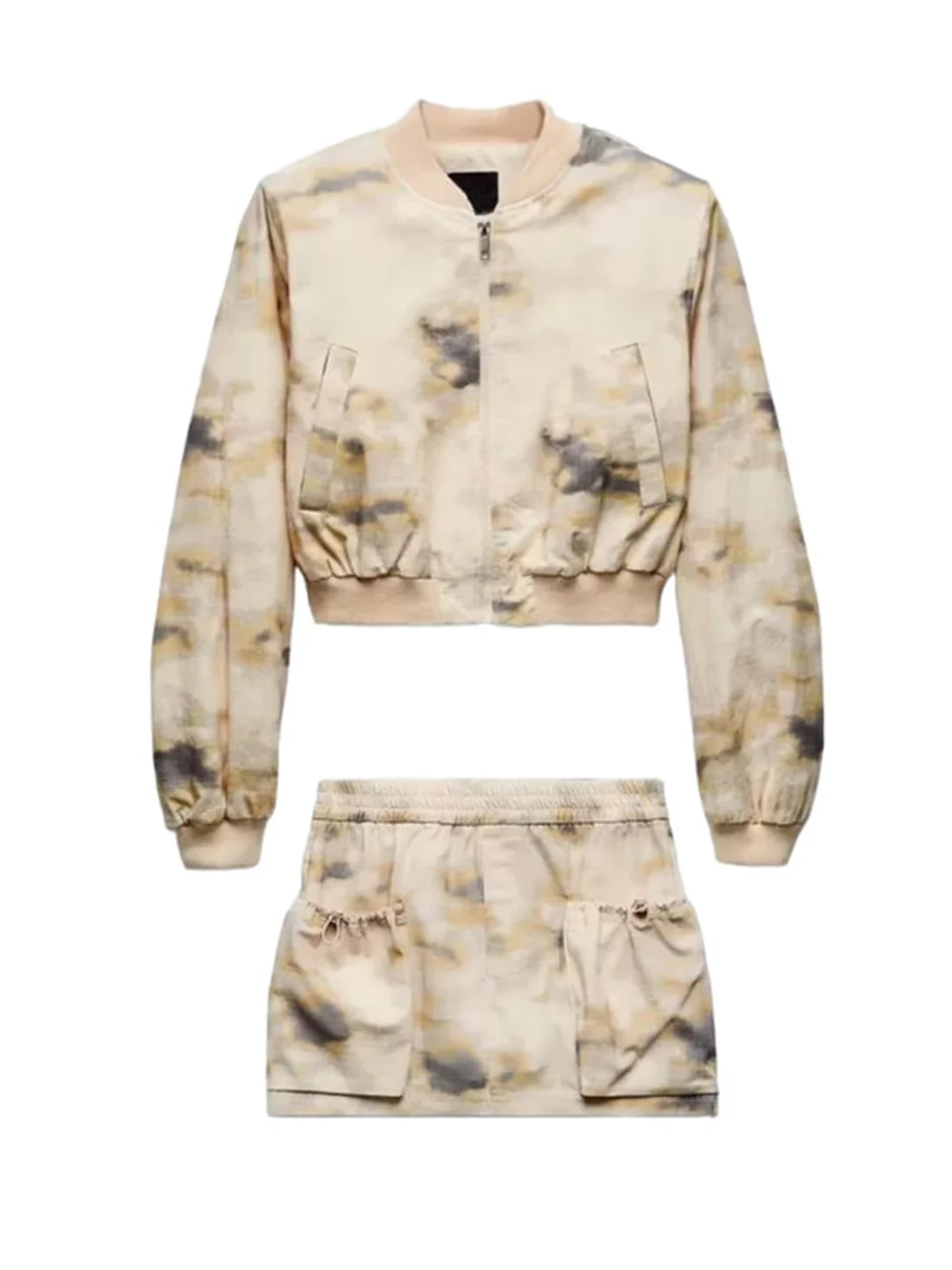 패셔너블 파일럿 재킷 세트 여성 캐주얼 프린트 아우터웨어 워크웨어 미니 스커트 하이 웨이스트 긴팔 라운드 넥 투피스 수트