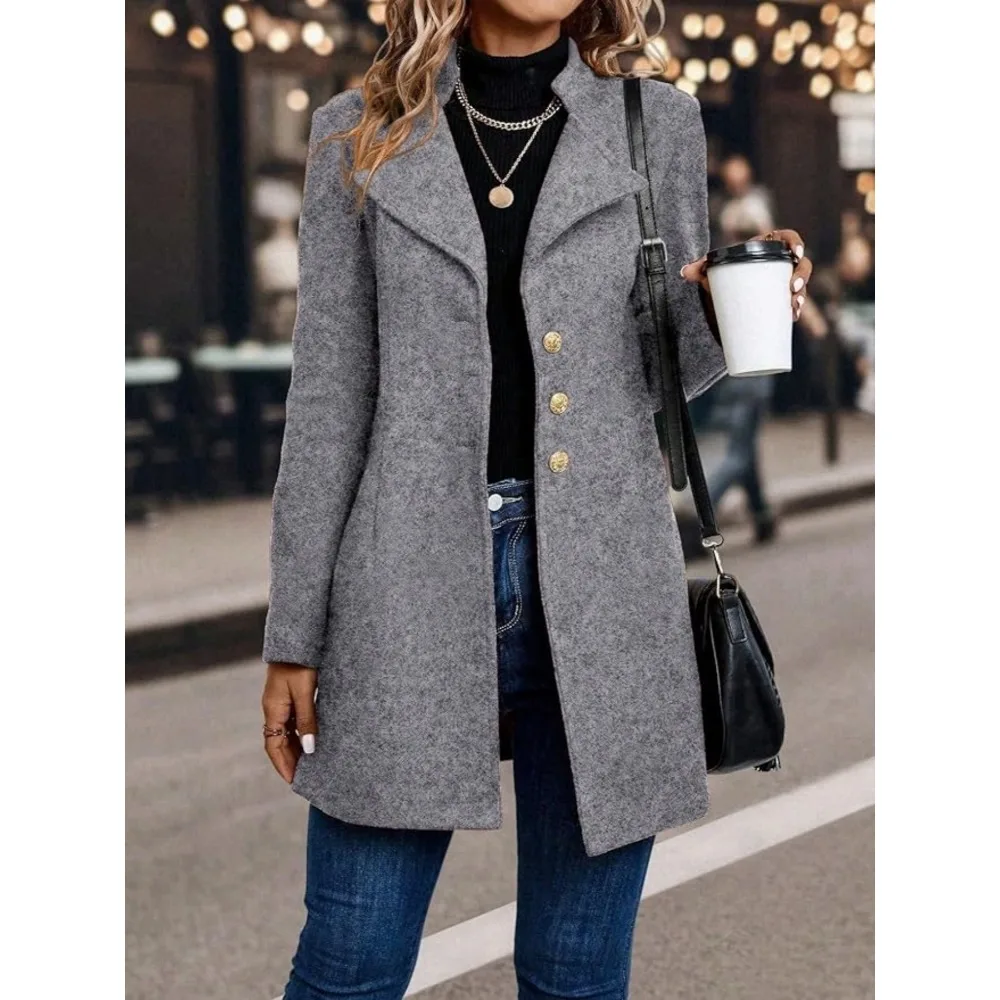 معاطف الشتاء النسائية؛ قمم الشتاء النسائية ذات اللون الصلب؛ سترات متوسطة الطول وأنيقة ومريحة بأكمام طويلة للنساء #5