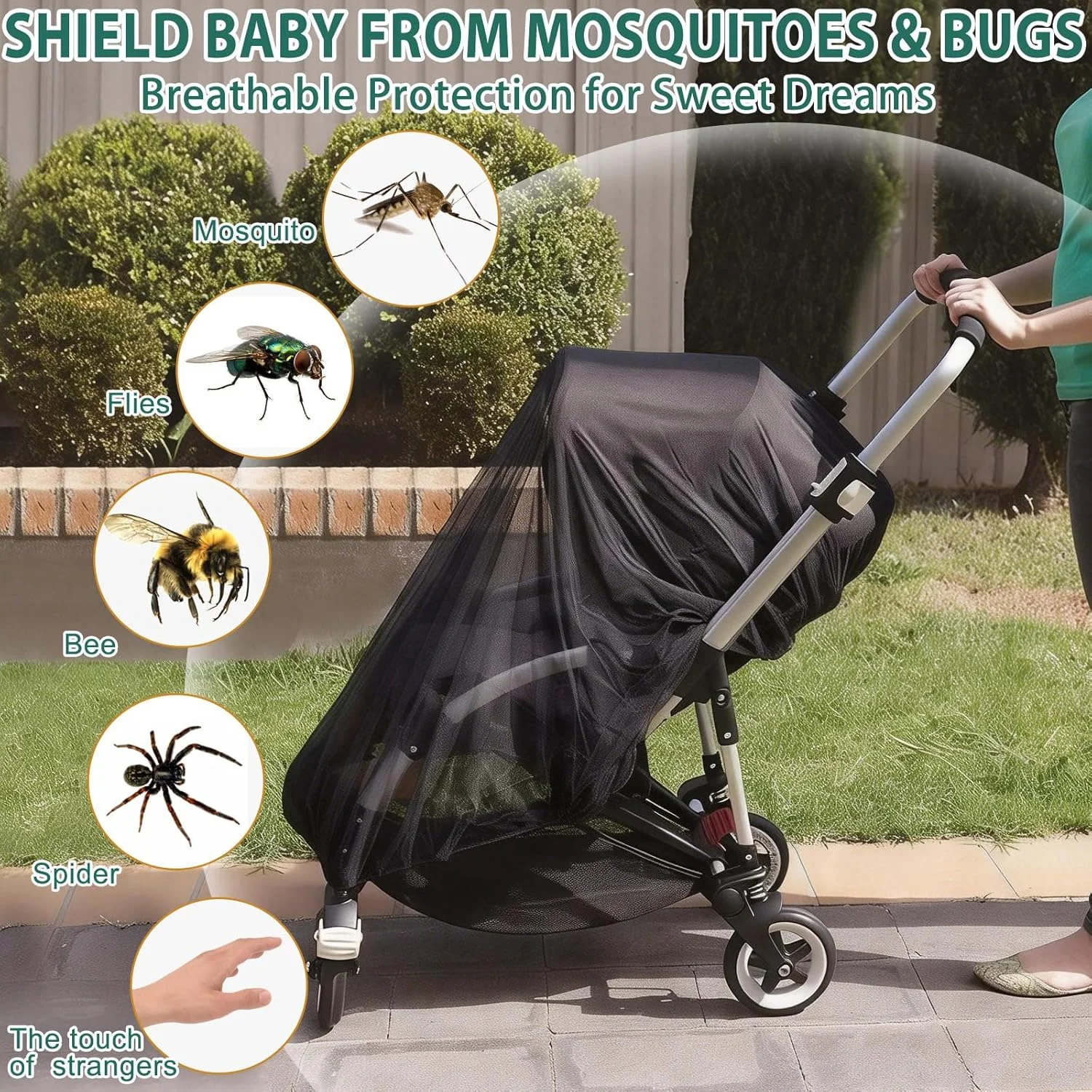 Stroller Mosquito Net, Full Coverage Dense Mesh for Insect Protection, Polyester Outdoor Baby Stroller Gear Stroller Accessories
