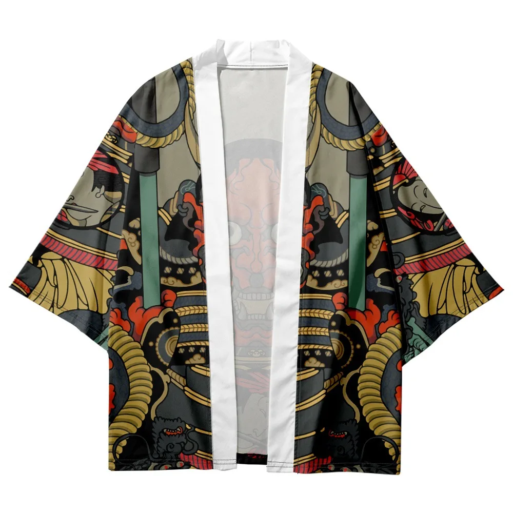 2023 Cardigan And Shorts Set Obi Yukata Men's Haori Japanese Demon Print Kimono Traditional Clothing