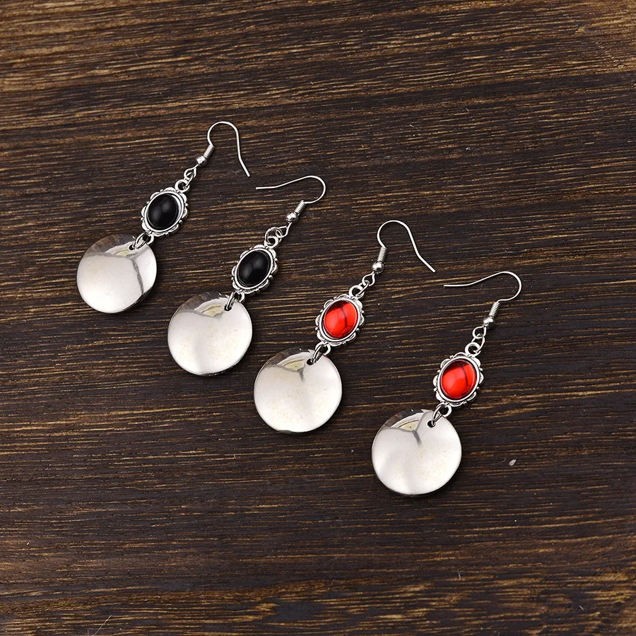 diy-accessories-niche-design-retro-metal-silver-glossy-round-gemstone-pendant-earrings-women's-temperament-elegant-and-versatile