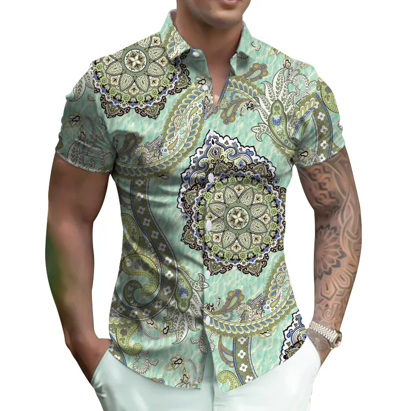 New Men's 3D Printed European and American Retro Short Sleeved Cardigan Collar Shirt