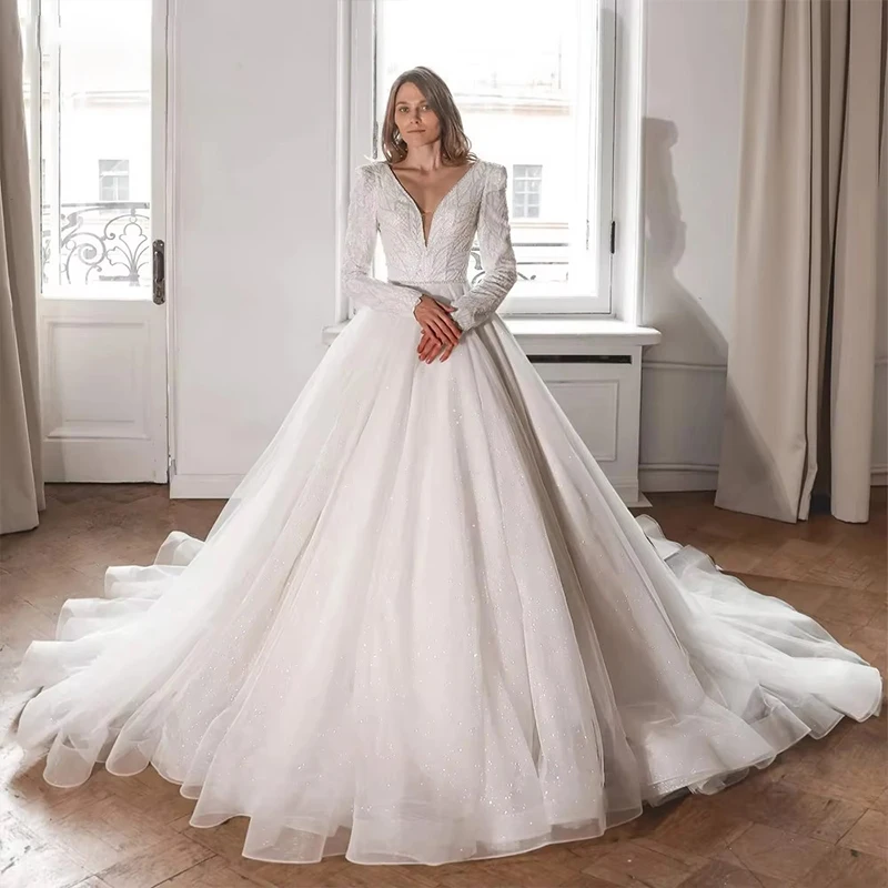 ZOCI Glitter Fully Beaded Wedding Dress With Beading Ball Gown Full Sleeve O-Neck Bride Dress Button Robe De Mariee Graceful  ﻿