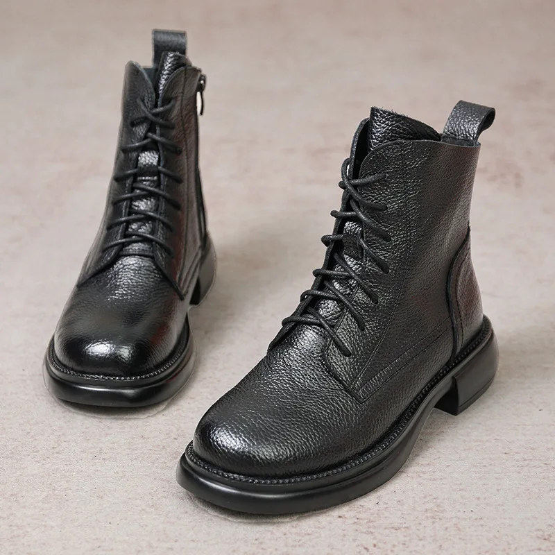 Women's shoes 2026 British style short boots women's round toe lace up winter with plush soft sole and soft surface short boots