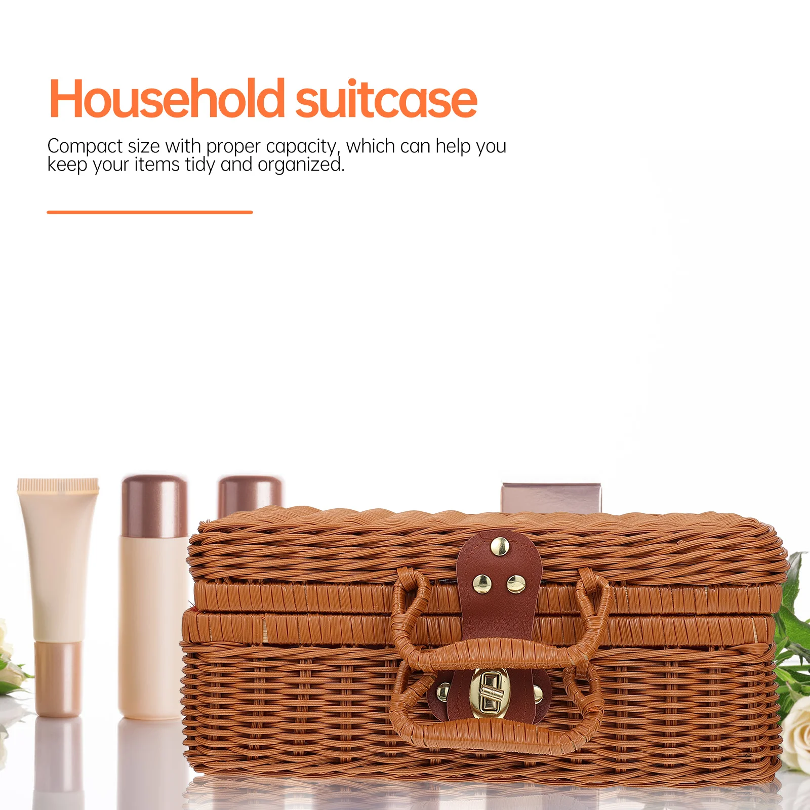 

1Pcs Retro Woven Suitcase Small Size Large Capacity Handwoven Imitation Rattan Storage Box for Picnic Home Decorative Use