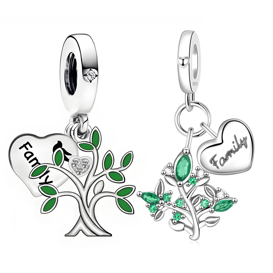 Pan Charms Original Double Family Tree Dangle Charm Bracelet Pendant Jewelry