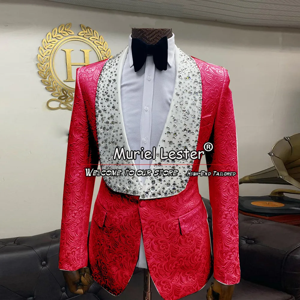 Floral Jacquard Wedding Suits For Men Fit Slim Bridegroom Tuxedos Plus Size Crystals Beading Laple Jacket Pants 2 Pieces Clothes