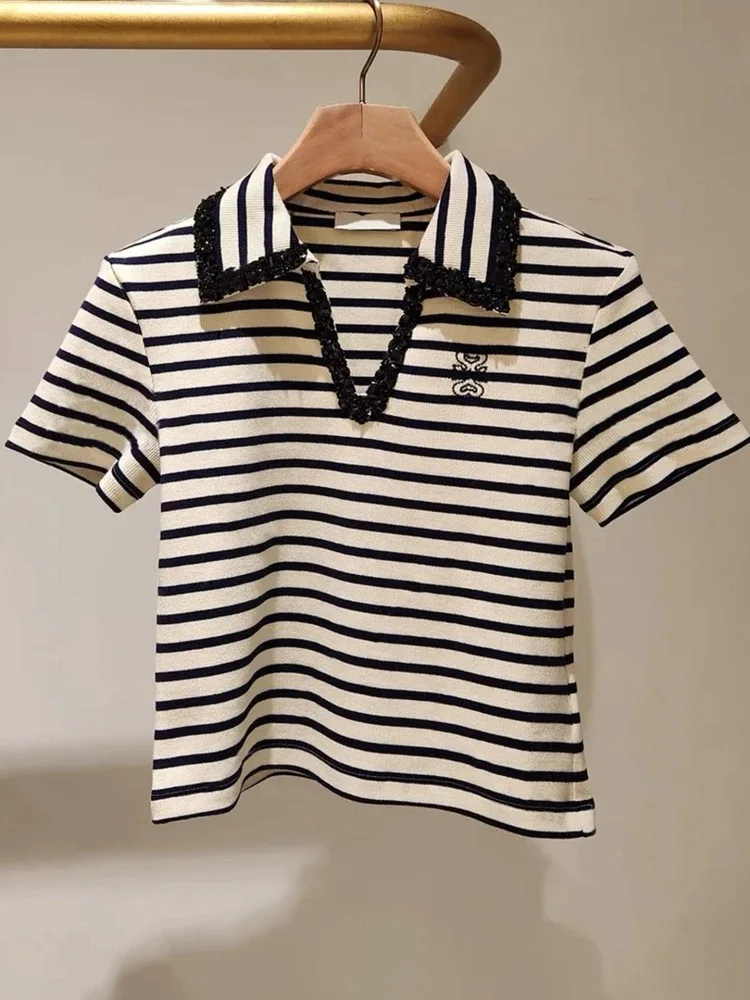 

Classic Striped Diamond Embellied irt ort Sve Crew Ne Ribbed T-irt Summer New Arrival Women's Faion Cotton