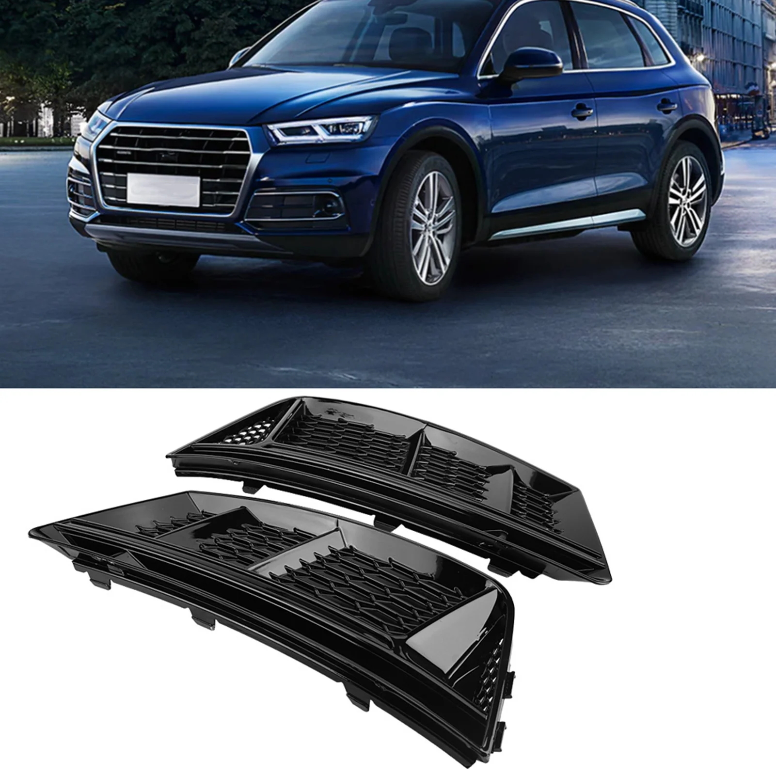 

2pcs for 2017-2018 Audi A4 B9 S4 Style Glossy Black Front Bumper Fog Light Grille - No AC