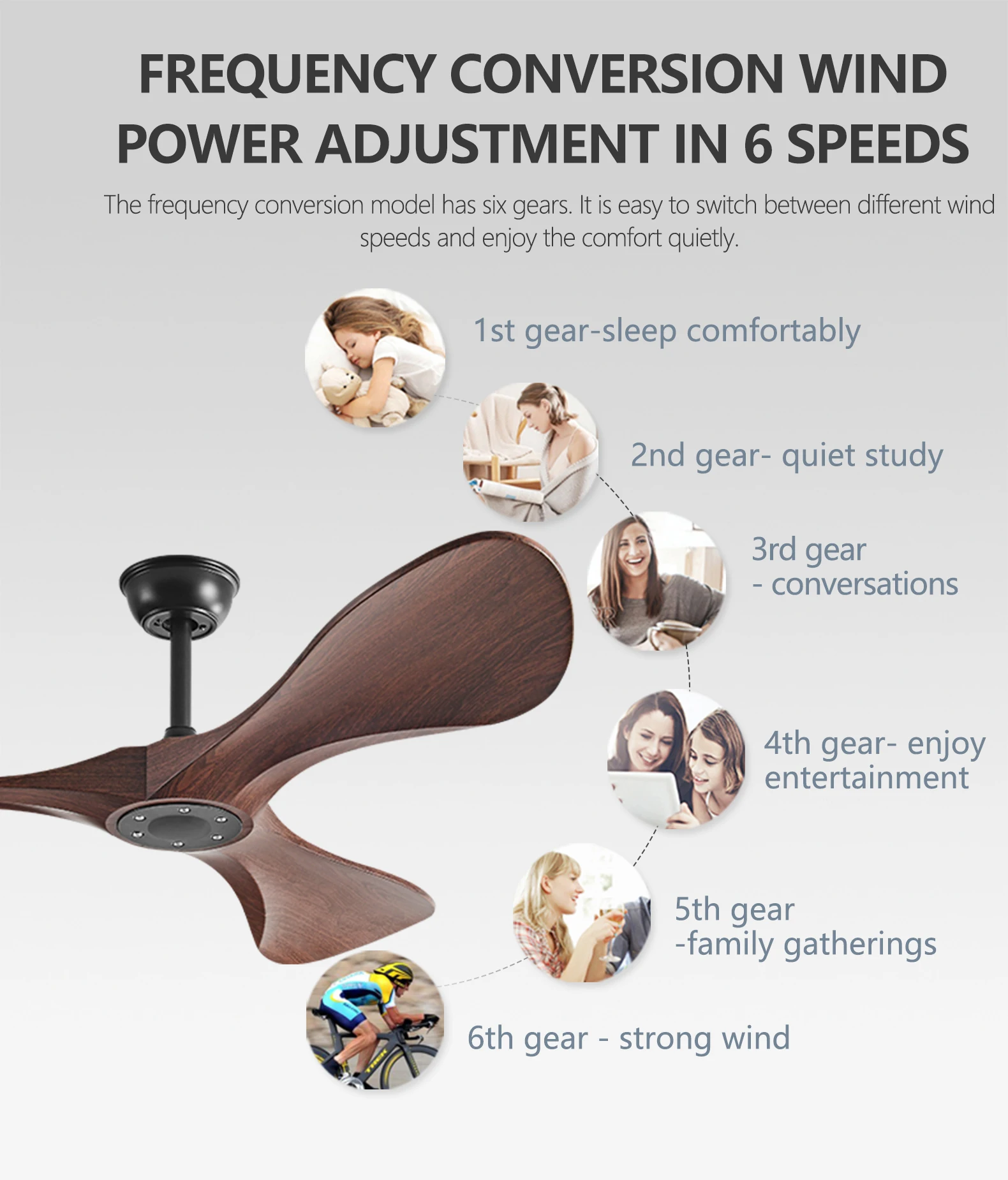 Ventilatore da soffitto da 52 pollici elaborato ed elegante con robuste pale in ABS, alimentato da un efficiente motore CC-35 W perfettamente adatto ai ristoranti