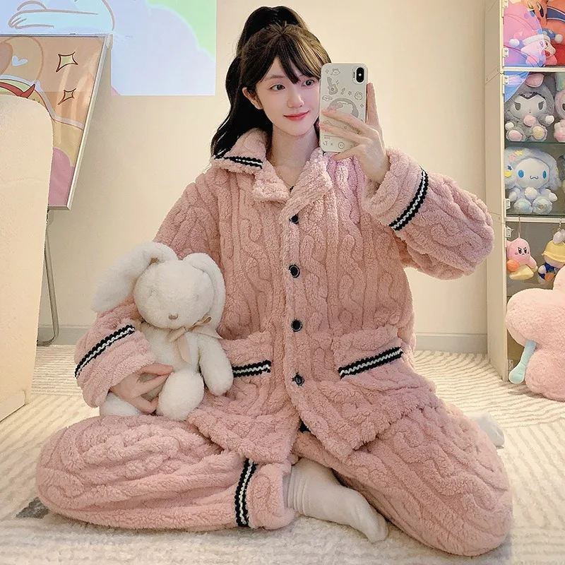 

M-6XL Large Size Winter Pajamas Set Women's Soft Plush Coral Fleece Sleepwear Korean Student Sweet Flannel Warm Loungewear Pjs