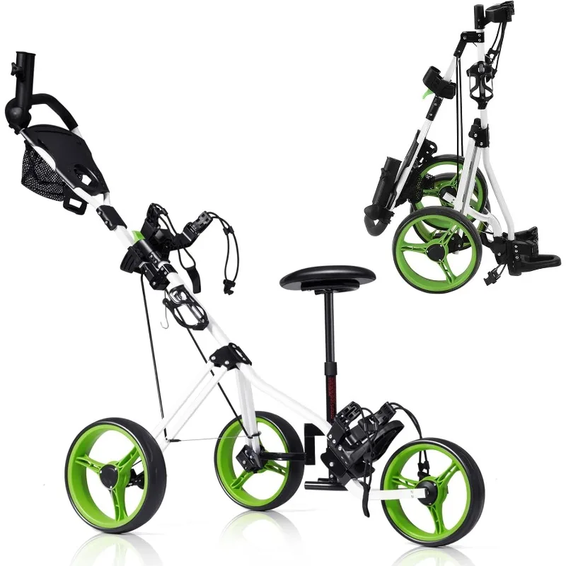 

Tangkula Golf Push Pull Cart with Seat, Lightweight Foldable Collapsible 3 Wheels Golf Push Cart, Golf Trolley with Foot Brake