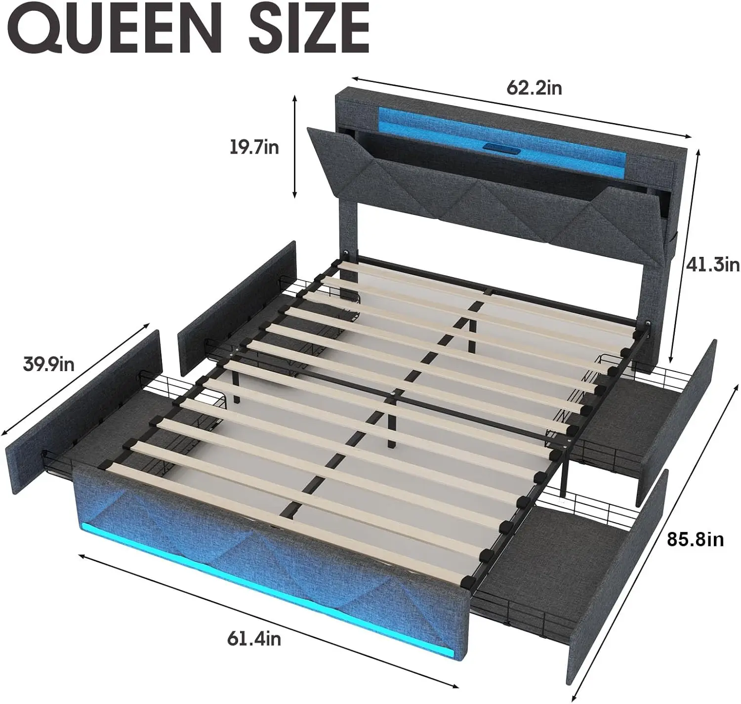 Cadre de lit Queen Size avec tête de lit de rangement et 4 tiroirs, plateforme rembourrée avec station de développement et lumières LED