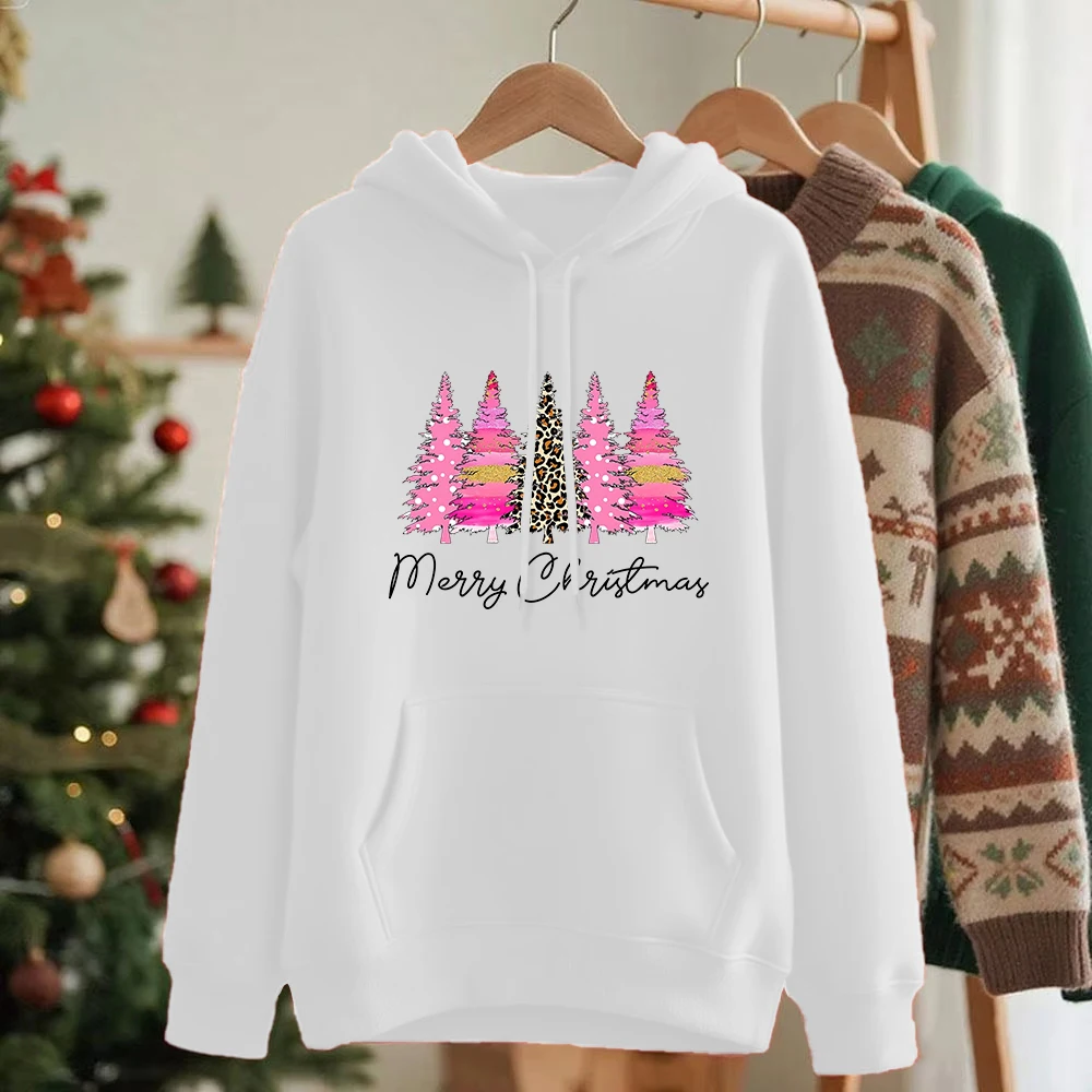 

Толстовка с принтом рождественских розовых деревьев, женские зимние флисовые теплые пуловеры, повседневные толстовки с карманами, базовая спортивная одежда