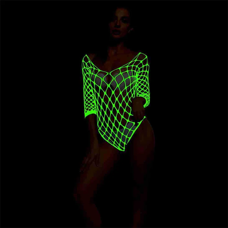 

Glow in The Dark Fishnet Bodystocking Plus Size Lace Teddy Dress Sheer Pantyhose Strapless Bustier Nightclub Party Wear