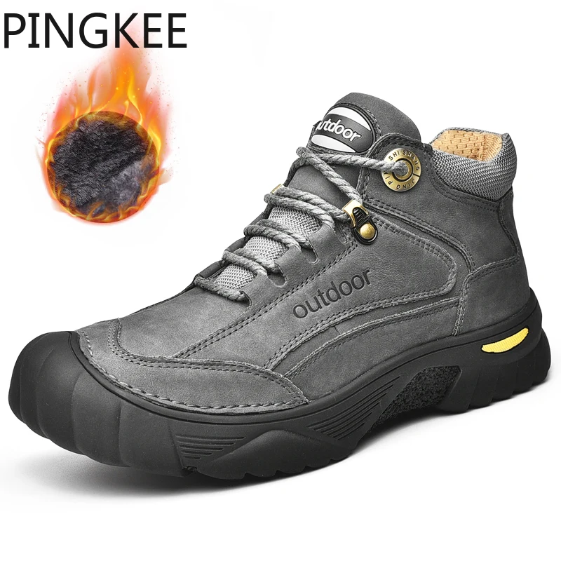 PINGKEE Leather Comfort Mesh Upper Thermal Faux Fur Men Casual Shoes Trekking Sneakers For Men\'s Winter Snow Hiking Boots