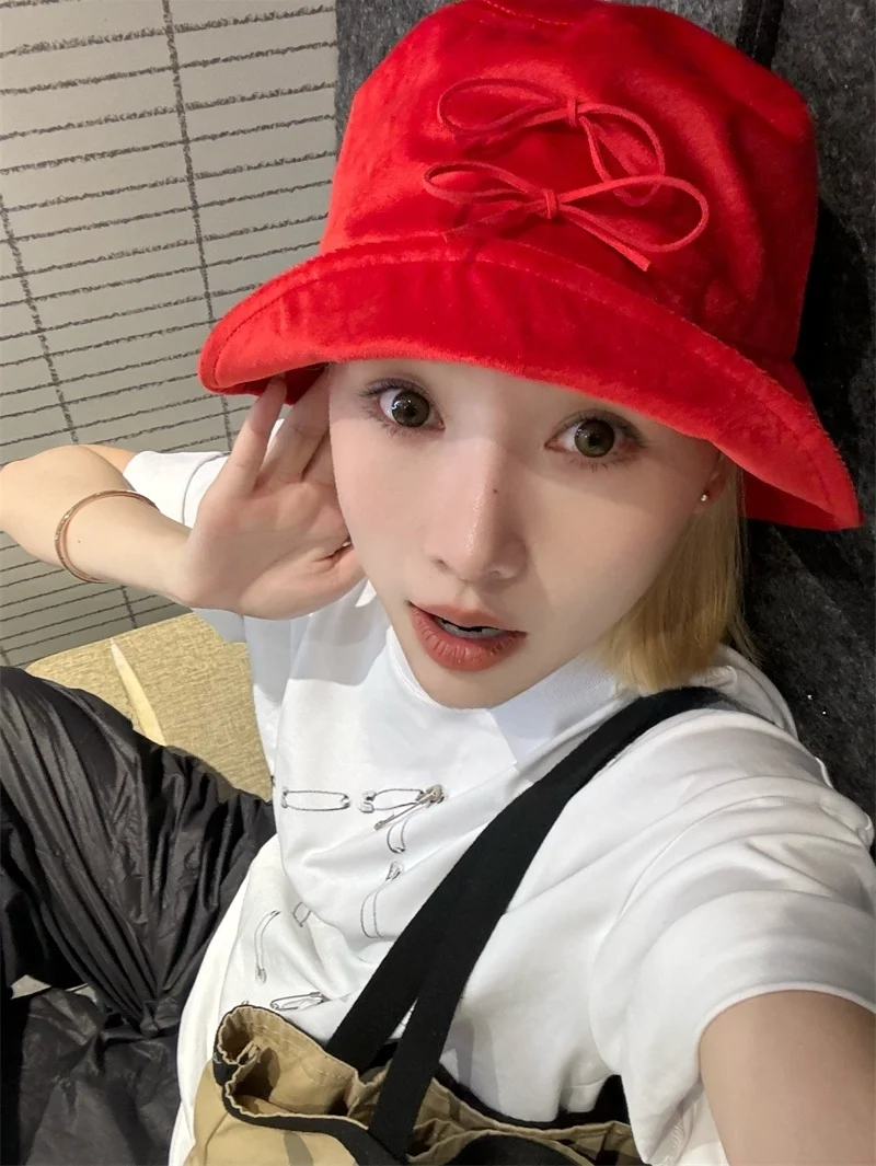 

Red Velvet Fisherman Hat Women's Thin Sunshade Cap Knot Vintage Style Streetwear Sweet Cute round Top Wide Brim Hat