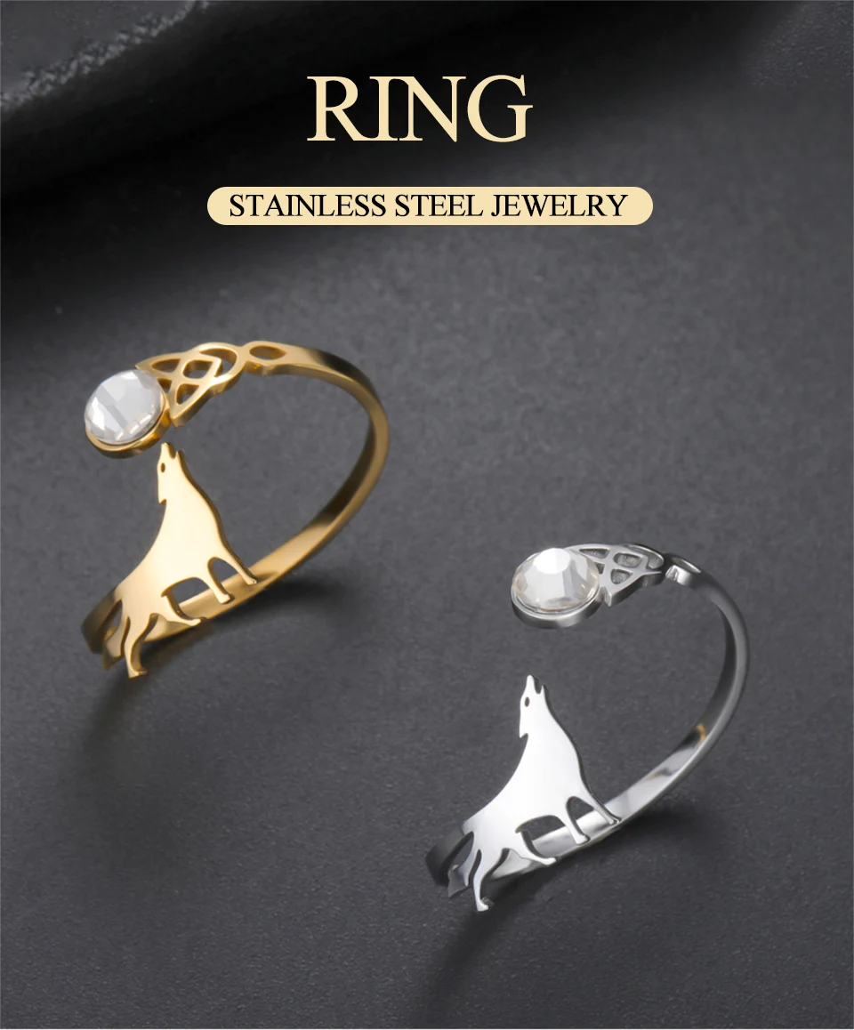 Dawapara Heulender Wolf Zirkon Verstellbarer Ring Tier Totem Celtics Knoten Glückssymbol Edelstahlschmuck – Detail 1