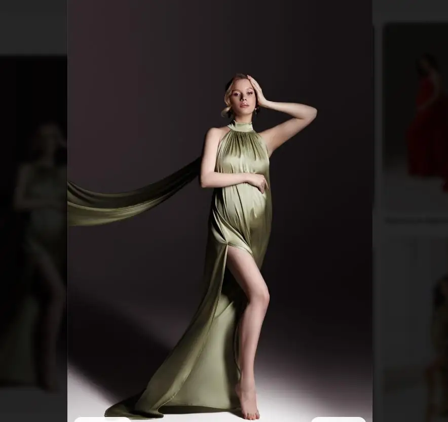 

High Neck Sleeveless Long Satin Maternity Dresses with Cloak Side Split Pregnancy Gown for Mother-to-be Photoshoot Dress