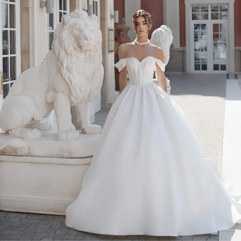 

Popular Off The Shoulder Sweethart Satin A Line Wedding Dresses Corset Back Sweep Train Custom Made Rode De Morrie