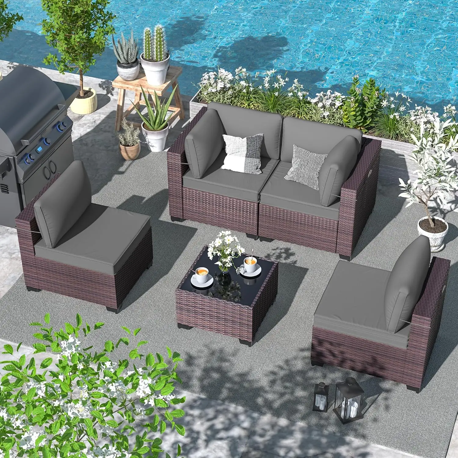 5-Piece Wicker Patio Sofa Set Outdoor Sectional w/ Coffee Table & Washable Cushions, Customized