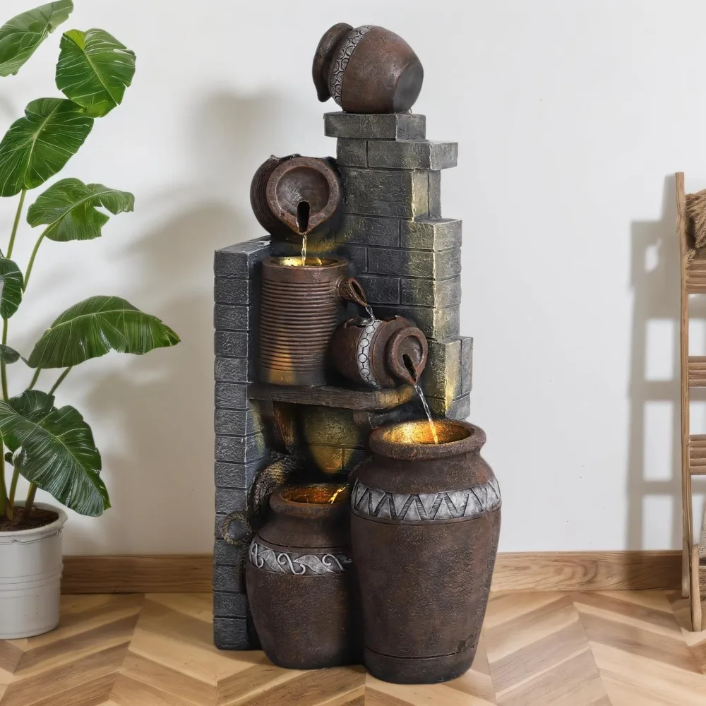 

6-Tiers Garden Waterfall Fountain Outdoor, 40''H Water Fountains and Waterfalls, Large Outdoor/Indoor Floor Standing Resin