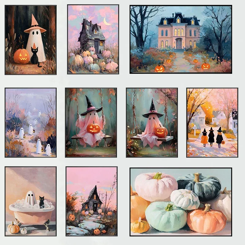 Cute Ghost Black Cat Jack-o-lantern Halloween High-end Atmosphere Poster Canvas Painting Wall Art Picture Autumn Home Decor G
