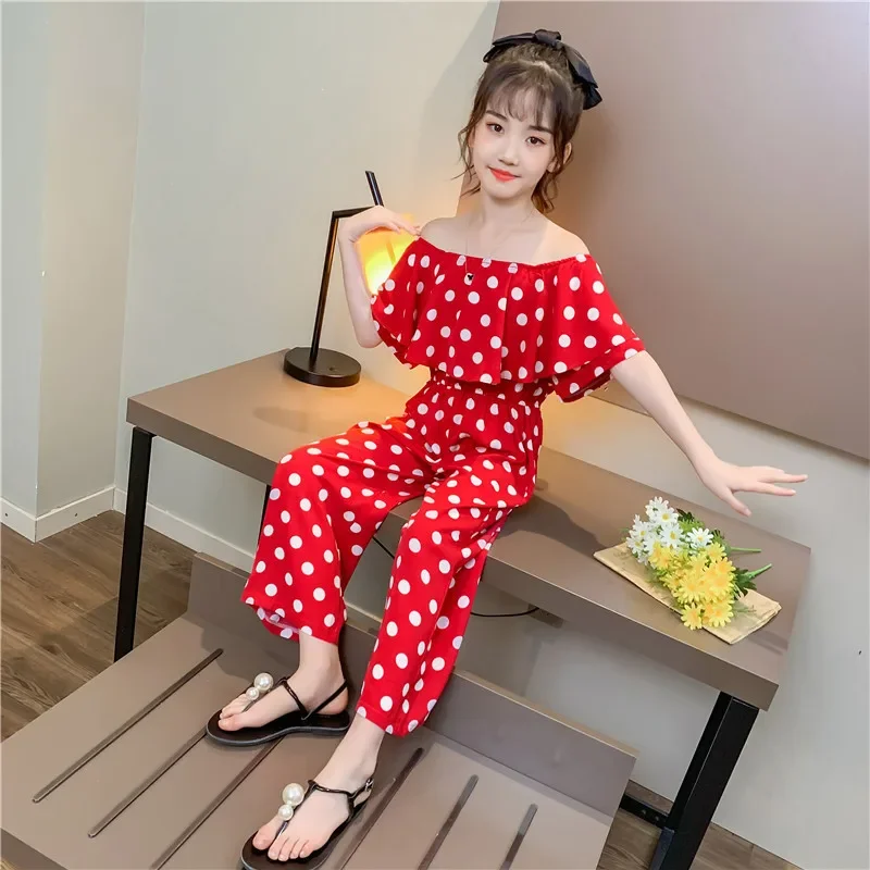 3-12 Years Girl Overalls Off-shoulder Chiffon Teen Girls Romper Polka Dot Girls Jumpsuit Sunsuit Summer Girls Clothes Outfits