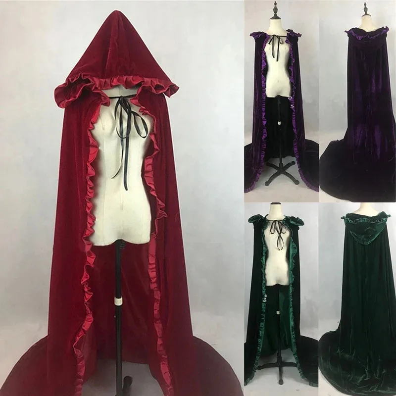 Jubah Pengantin Panjang Berkerudung Beludru Hitam Merah Anggur dengan Rumbai untuk Halloween, Wicca, Mantel, Selendang Pengantin, Jubah Abad Pertengahan ir;l5