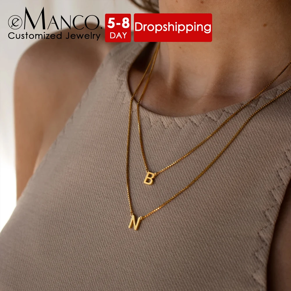 eManco Women's Single Layer Box Chain Necklace Classic Stainless Steel Gold Plated Letter Pendant Wholesale Fashion Jewelry