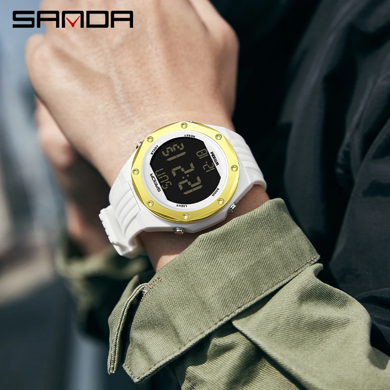 SANDA Mens นาฬิกาแคลอรี่ Luminous HD จอแสดงผล LED Jam Tangan Elektronik Multifunctional นาฬิกากันน้ำ Reloj