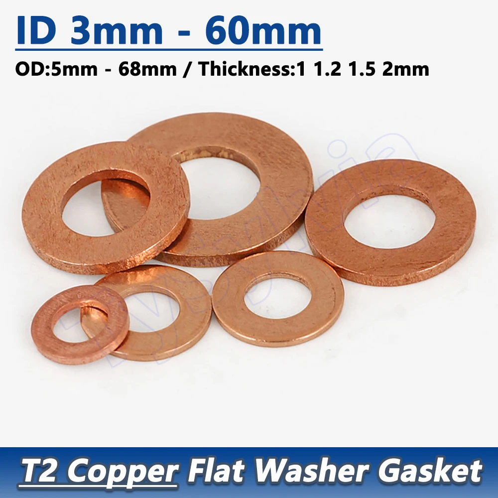 M3-M60 T2 Copper Flat Washer Pure Copper Gasket OD 5-68mm Sealing Washer Thickness 1 1.2 1.5 2mm