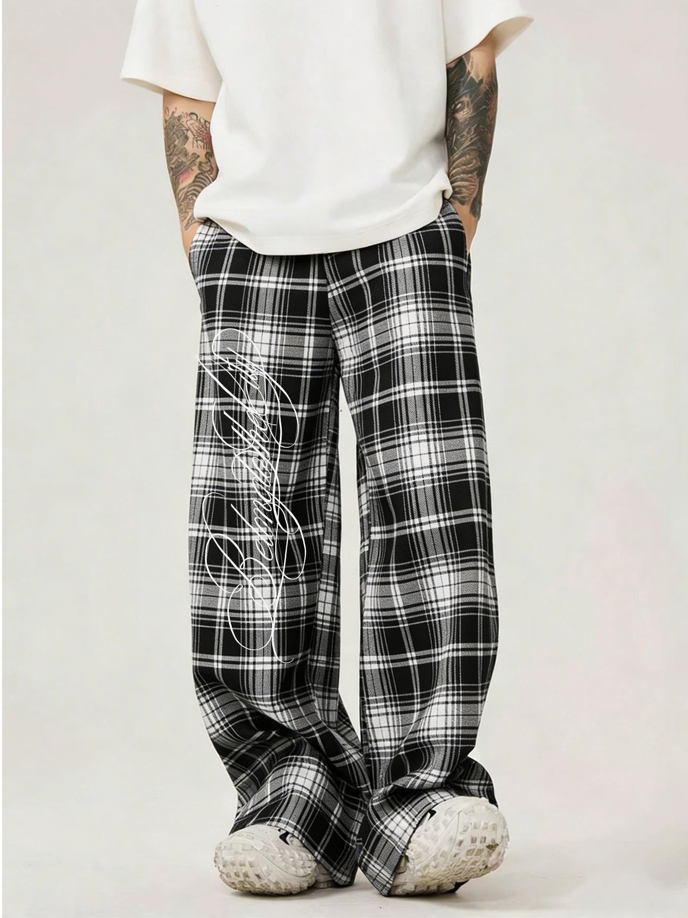 2026 New Style Black White Plaid Pants Letter Print Elastic Waist Loose Straight Trousers Hip Hop Streetwear Casual Bottoms kids