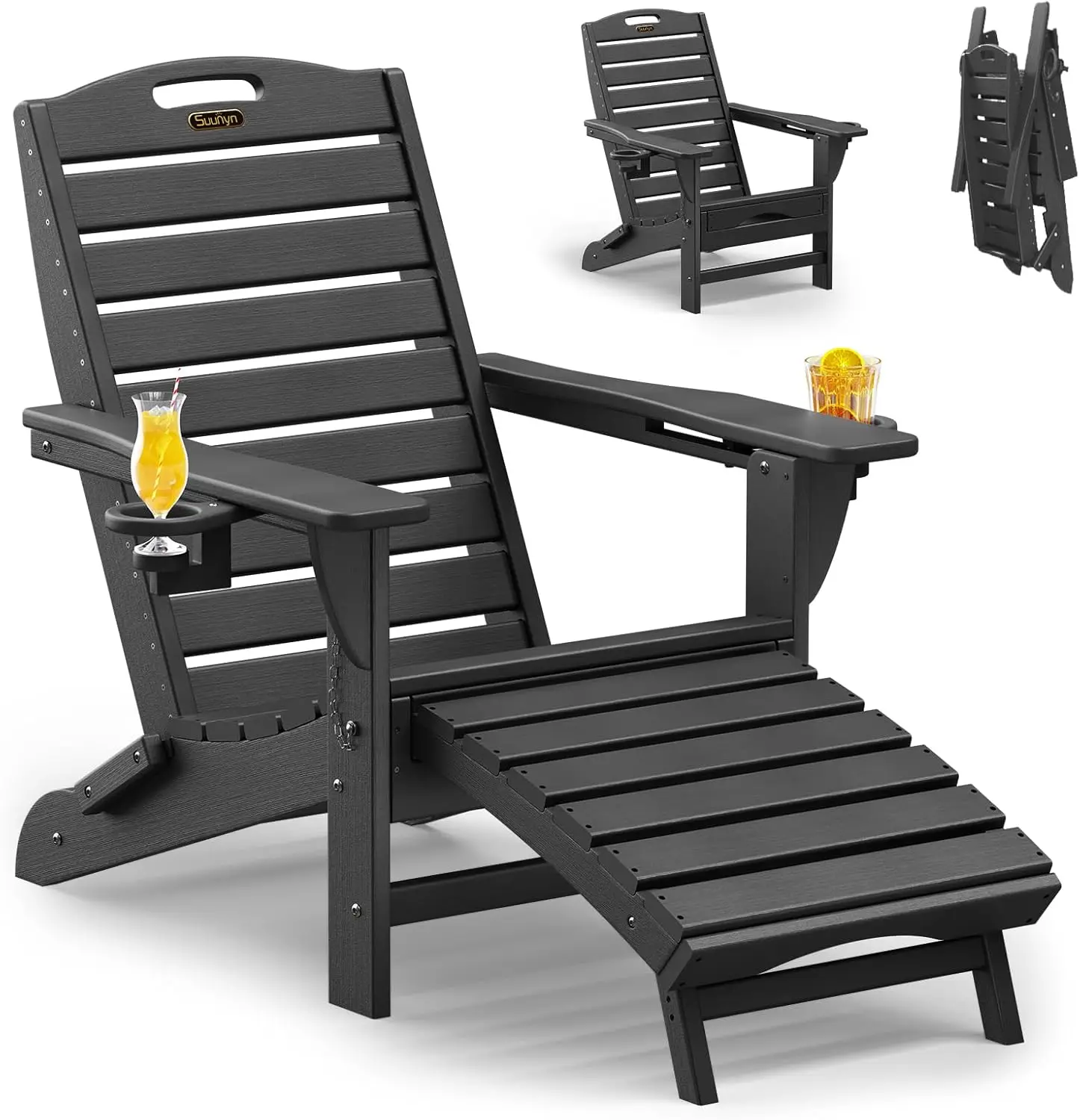 

Folding Adirondack Chair with Retractable Ottoman Weather Resistant Fire Pit Chair Patio Chair with 2 Cup Holder Lawn Outdoor