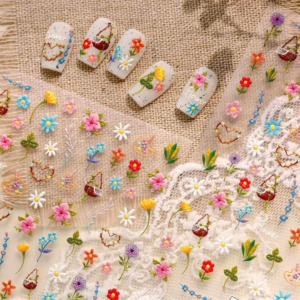 

Colored Dopamine Floral Leaf Branches Flower Basket 5D Embossed Reliefs Self Adhesive Nail Art Stickers Colorful Manicure Decals
