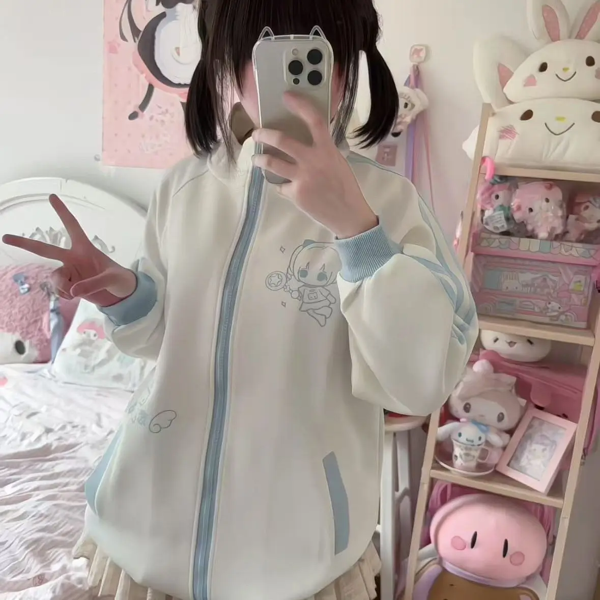 

Оригинальный японский милый мягкий кардиган на молнии с длинными рукавами для девочек, осень-зима, новый свитшот в полоску с героями мультфильмов, женский топ Y2k