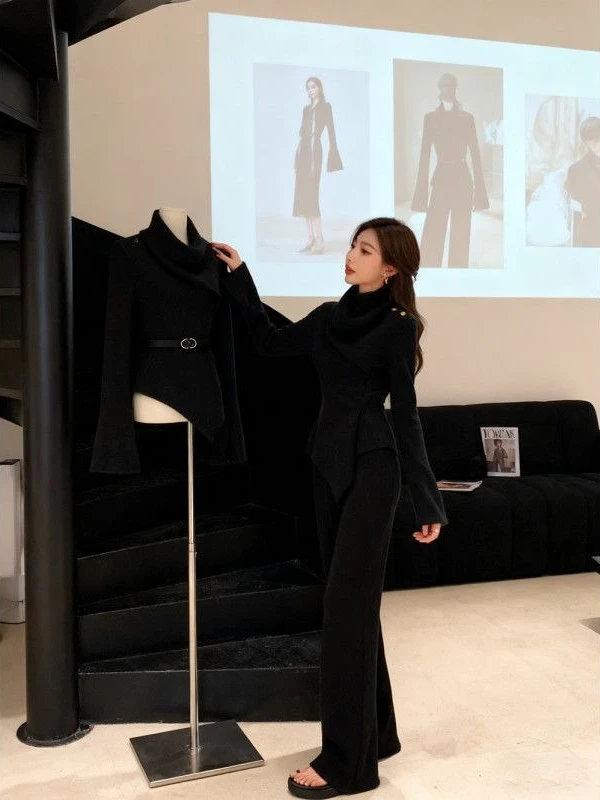 الفرنسية أنيقة عالية الرقبة متماسكة المرأة الخريف الشتاء سليم صالح مربوط سترة مجموعة براون متوهج كم شيك عادية مكتب نمط