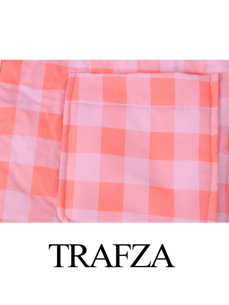 Trafza-女性用ピンクチェッカーストラップレスコート,ノースリーブ,Vネック,ポケットデコレーション,コットンパッド入り,ストリート,カジュアルジャケット,春のファッション