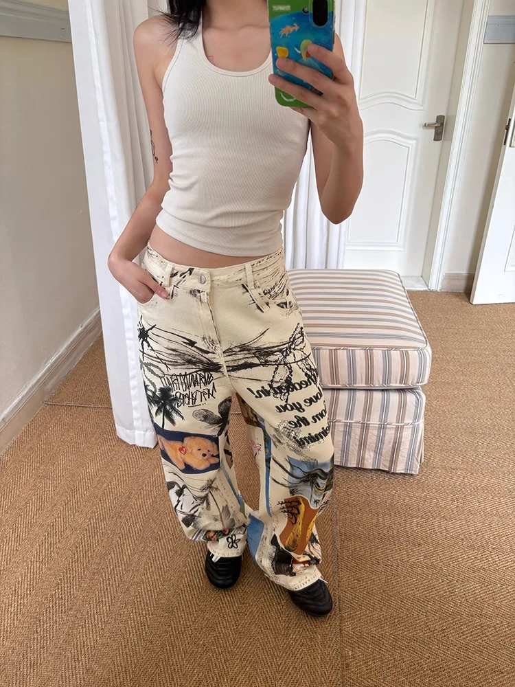 

Women's Vintage Washed Digital Graffiti Print Jeans Vintage Denim Trousers 2000s Style Oversize Hip Hop Jeans Pants Clothes