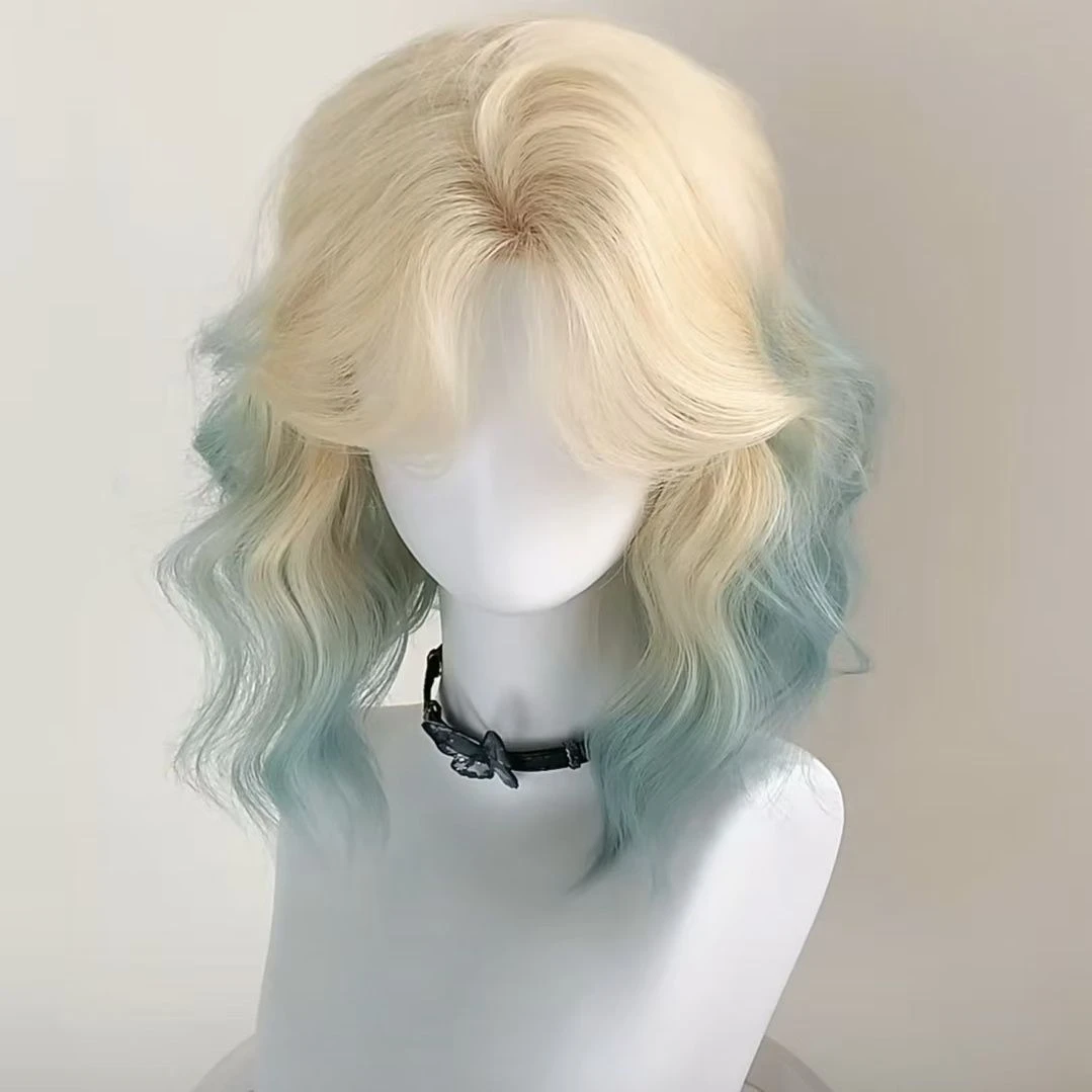 Ombre Blue Synthetic BOB Wig Hair Cosplay Short Curly Bob Wig With Natural Simulated Scalp Ombre Pink Water Wave Wig With Bangs