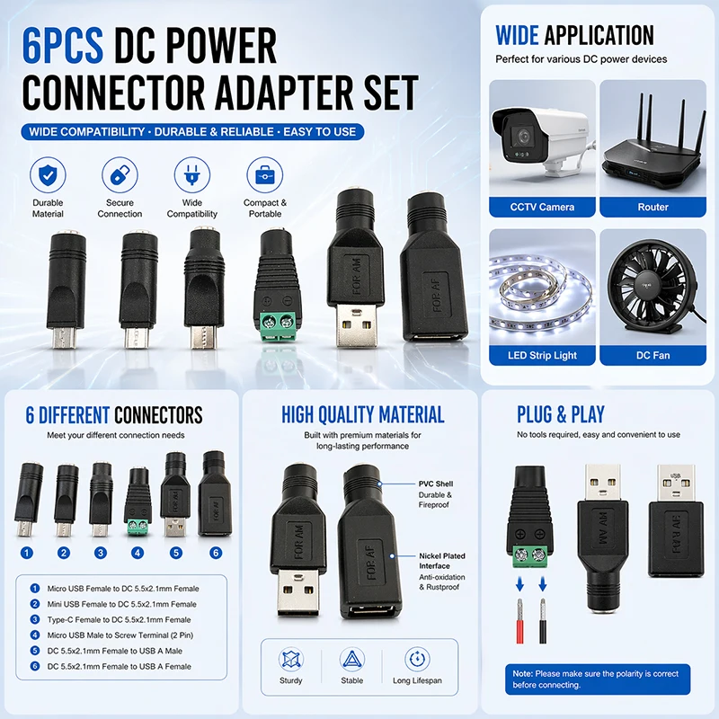 DC Power Female Jack to Mirco Type C Mini 5pin USB A Male Female converter Power Adapter Plug Connector for Laptop 5.5x2.1mm c