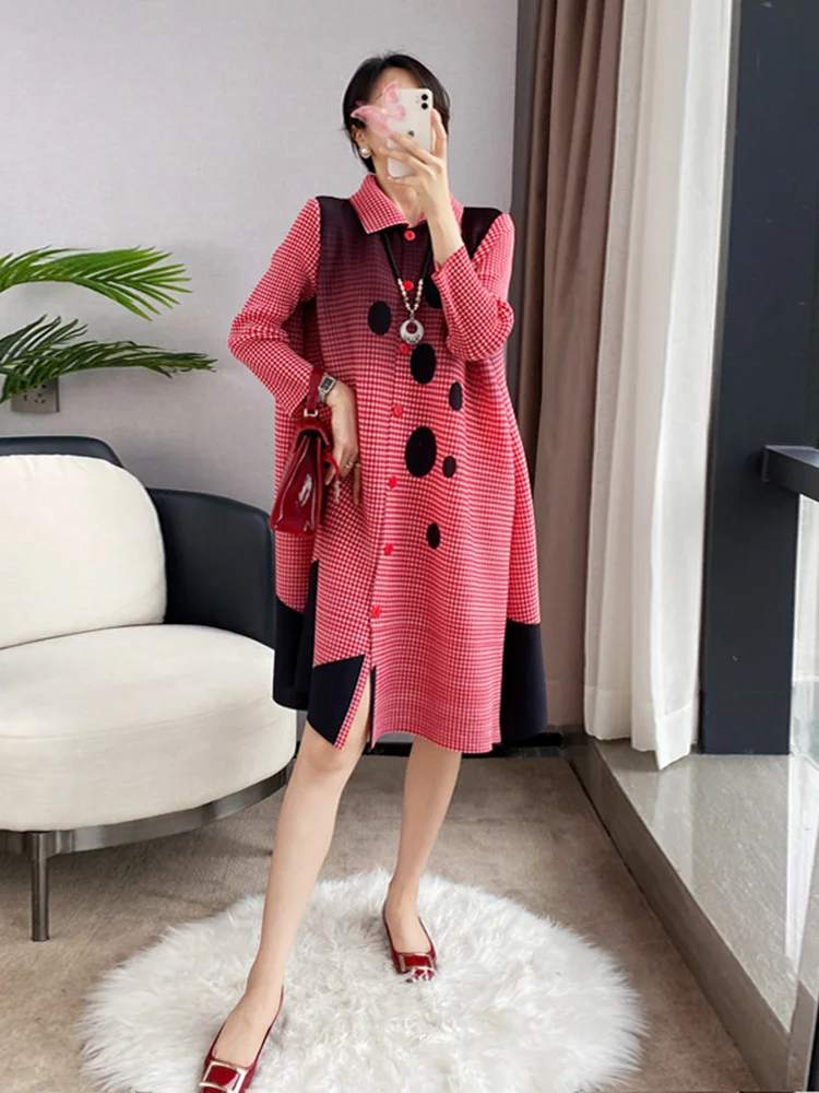 Women Miyake Pleated Dresses Single Breasted Lapel Long Sleeve Color Block Print Lady Loose Luxury Party Clothes 2023 Spring New