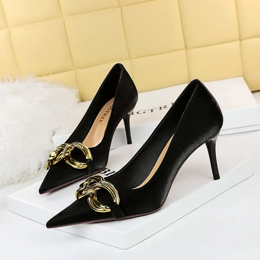 

Fashion Banquet Women's Slim Shallow Mouth Sharp Tip Large Metal Buckle Single High Heels Heel Shoes Women Pumps туфли женские