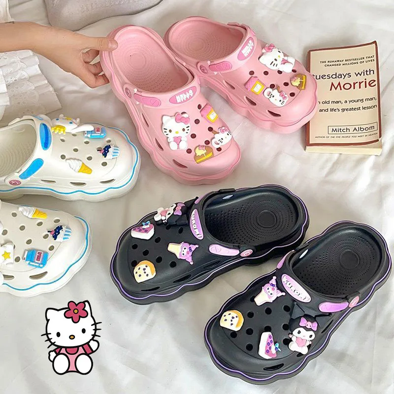 Kawaii Lolita Sanrioed Hello Kittys Cave Shoes Women's Summer Sandals with Thick Heels Kuromi Cinnamoroll Casual Slippers Female