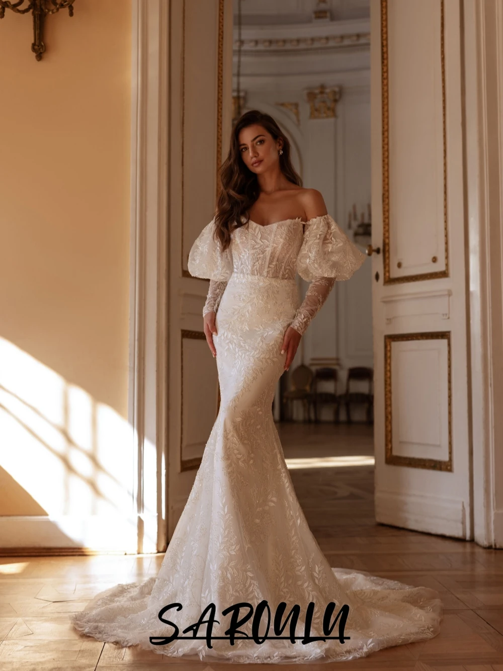 

SAROULU Romantic Puff Sleeves Mermaid Wedding Dress Shiny Long Customized Bride Wear Gorgeous Appliques Corset Bridal Gown