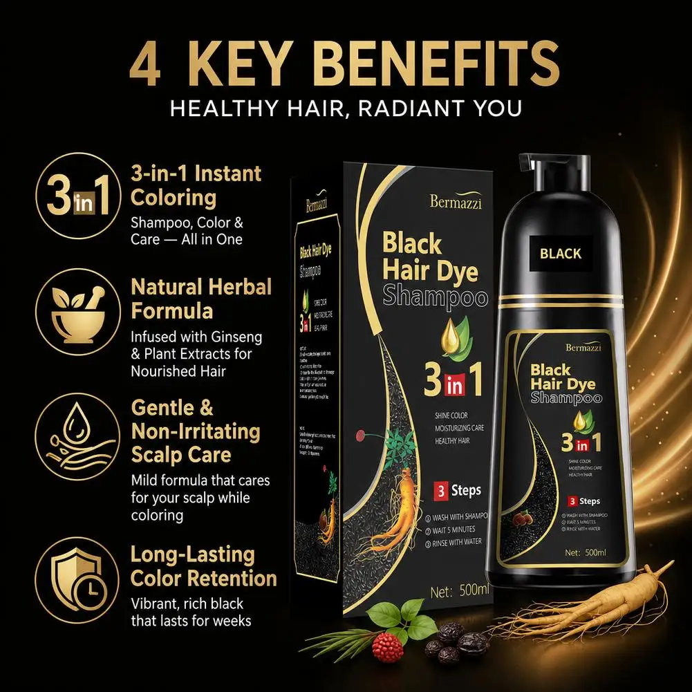3-in-1 Quick Hair Coloring Shampoo Gray Hair Coverage Ginseng Extract Hair Dye and Conditioner for Home Use 500ml