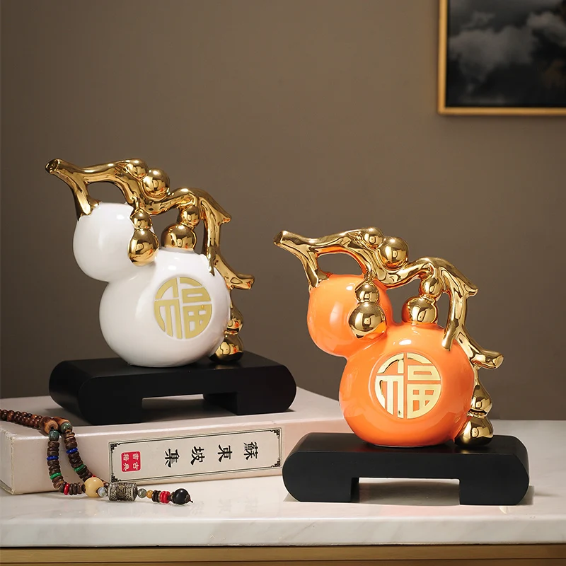 Ceramic Handicraft Chinese Gourd Shape Lucky Sculpture Calabash Fruit Decorative Figurines Home Decoration Accessories