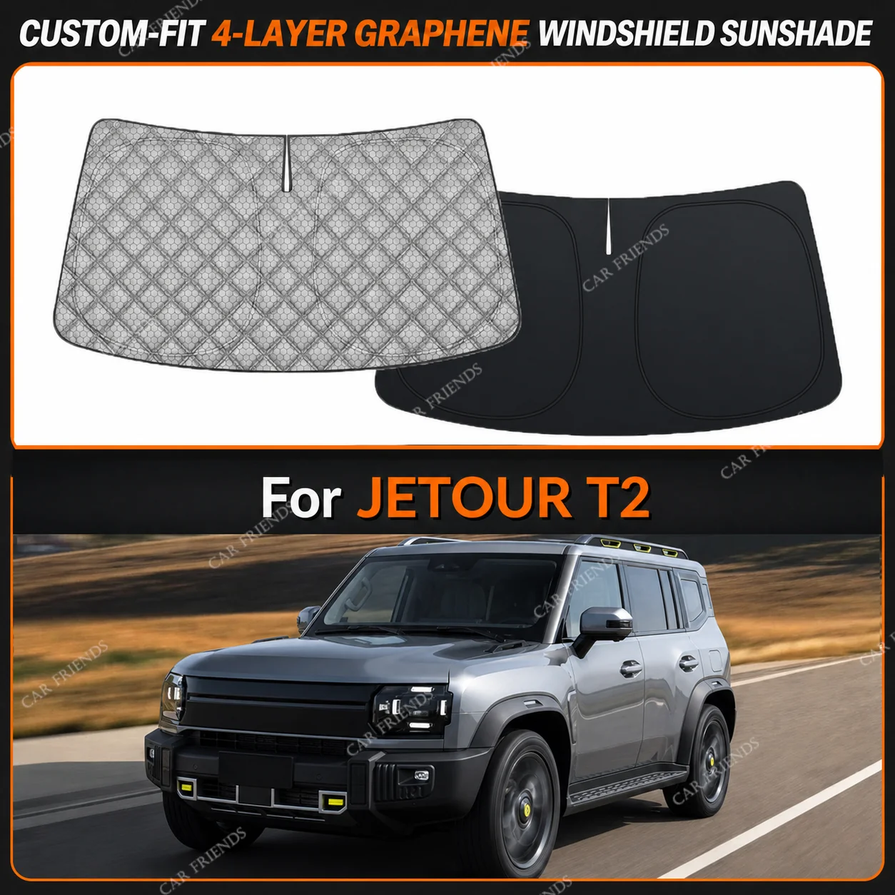 For JETOUR T2 Custom-Fit 4-Layer Graphene Windshield Sunshade Reflective Gray-Silver Surface Helps Reduce Direct Sunlight