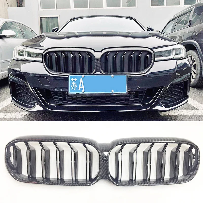 For G30 Double Slat Carbon Fiber Front Bumper Grille For BMW 5 Series G30 G31 F90 M5 LCI 2020-2024 Car Parts