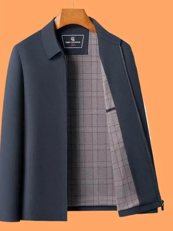 

High Quality Men's Jacket Spring Autumn Flip Collar No Ironing Versatile Dad Clothes Long Sleeve Regular Fit Polyester